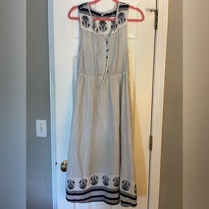 Lucky Brand Ivory and Navy Midi Dress with Border Print